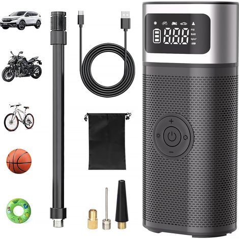 Bomba de aire de 12 V 5200 mAh / 150 PSI, pantalla digital + luces de emergencia, para coche/moto. (1/4)
