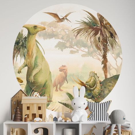 Sticker mural rond / cercle Enfants - Dinosaures - Diamètre 70 cm - Adhésif + Protection MATE (1/2)
