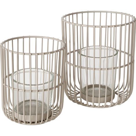 Lot de 2 photophores Beiges en Fer et Verre Hauteur 14-20 cm Design Moderne Décoration de Jardin Décoration de Table Accessoires de Bougie Lanterne Photophore en Verre (1/5)