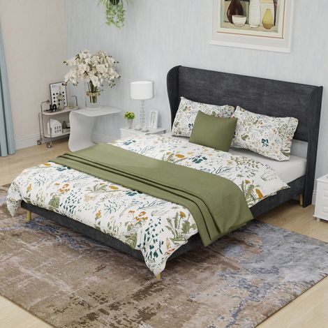Cama matrimoniales 140x200 cm Cabecero tapizado suave tejido y metal diseño moderno gris (Sin colchón) (1/5)