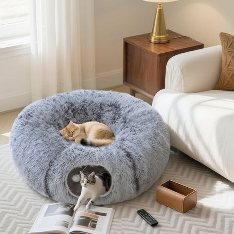 Tunnel pour Chat avec Cadre Métallique Pliable et Coussin en Tissu Peluche, Tanière Douillette, Gris Clair (1/4)