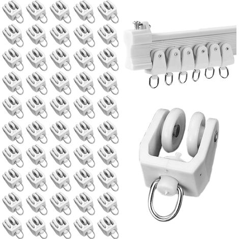 Lot de 50 rouleaux de rail de rideau à double roulettes pour rail de rideau - Poulies silencieuses pour plafond (blanc) (1/5)