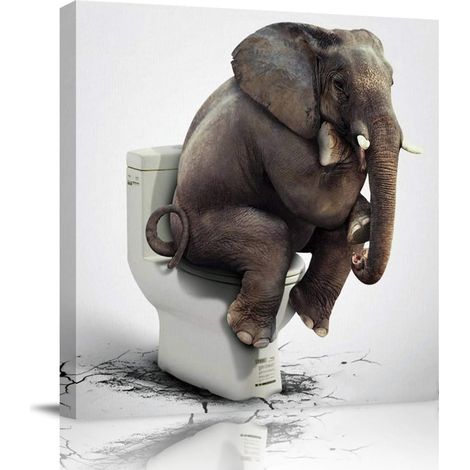 Tableau Toile - Elephant Assis Sur Les Toilettes - Cadre Bois Étiré - Prêt À Accrocher - 12 x 12 Pouces ou 16 x 16 Pouces (1/5)