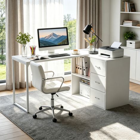 Bureau d'angle en Forme de L Réversible ,Bureau avec 3 tiroirs, 140 x 80 x 73 cm, Bureaux pour Maison, Blanc
