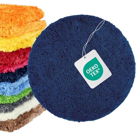 Tapis de bain rond Ø 56 cm, microfibre shaggy 4 cm, antidérapant, absorbant, lavable 30°C, sèche-linge basse température, compatible chauffage au sol, certifié OEKO‑TEX, Bleu foncé moutarde (1/5)