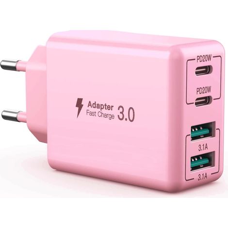 Chargeur USB C 40W, Adaptateur d'alimentation Rapide 4 Ports PD+QC, Chargeur USB Multiple, USB C Charge Compatible avec Chargeurs de téléphones Portables/Tablette (Rose) (1/5)