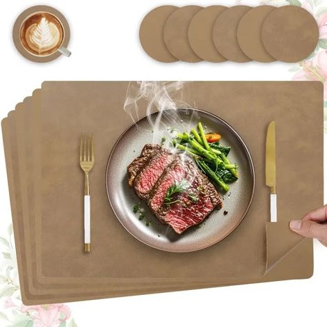 Set de table lavable et antidérapant, lot de 6 en cuir PU double face, carré 43x30cm, idéal pour cuisine et ca - Kaki Carré Lot de 6 (1/5)