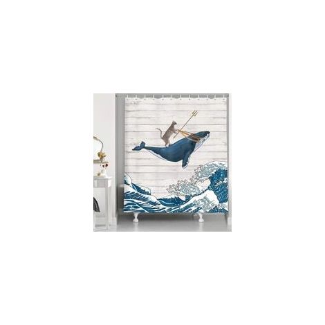 Rideau de douche humoristique en forme de chat, motif baleine dans l'océan, vague vintage, tissu oriental vintage, Kanagawa japonais vague pour salle de bain, 12 crochets, 177,8 x 177,8 cm