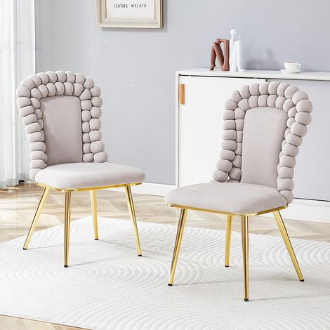 Chaises de salle à manger en velours (ensemble de 2), dossier en forme de boule, pieds en métal doré, gris clair (1/5)