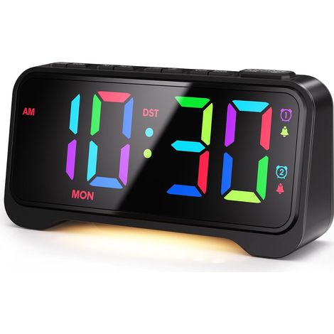Réveil Numérique RGB, Affichage LED 10 Couleurs, Réveils Numériques de Chevet, Reveil Lumineux, Volume Réglable, Snooze, 12/24H, Port de Charge USB, Réveil Enfant Lumineux pour Adolescent, Noir (1/5)