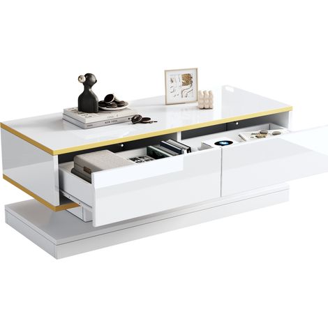 Meuble TV et table basse 200x40x40 cm en bois blanc, rangement salon - FLORAGRACE (1/5)