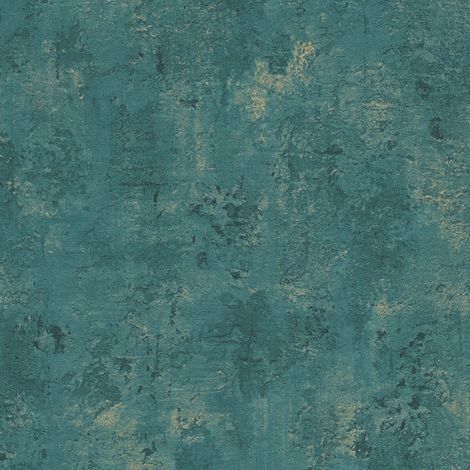 Plaster look wallpaper wall Profhome 388235 hot embossed non-woven wallpaper textured with tangible texture and metallic highlights turquoise teal gold 5.33 m2