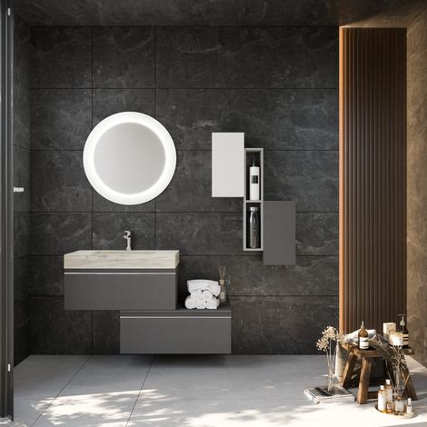 Kiamami Valentina – Meuble sous vasque mural 120 cm – 2 tiroirs gris foncé – Lavabo HPL 80 cm hydrofuge – Design moderne pour salle de bain (1/5)