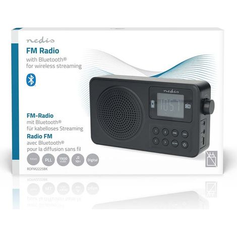 Nedis FM-Radio / Tragbare Ausführung / FM / Akkubetrieben / Stromversorgung über USB / Digital / 2 W / Displaygröße: 1.77 / Scharz-weiß Monitor / Bluetooth® / Kopfhörerausgang / Schwarz