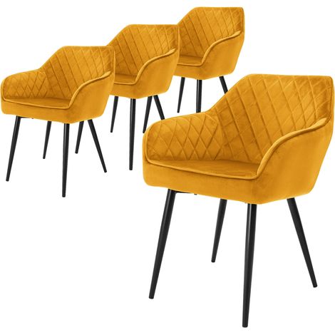 ML-Design 4x Sillas de Comedor Amarillo Mostaza Asiento Tapizado Ergonómica Aspecto de Piel Sintética Patas de Metal Negras con Respaldo y Apoyabrazos Sillón Moderno para Salón Oficina Cocina