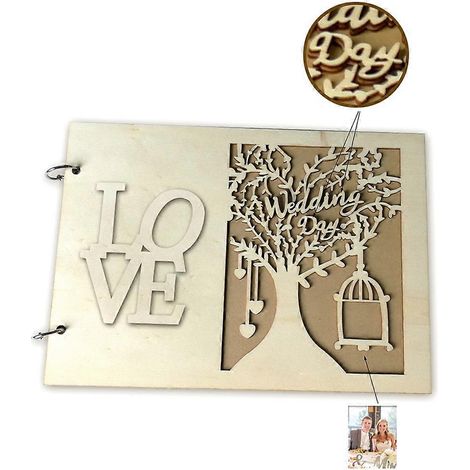 Album photo de mariage en bois avec livre d'or pour les messages d'amour et 20 pages de messages. (1/5)