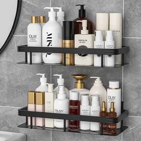 Lot de 2 - Étagère de douche - Étagère de salle de bain - Étagère de douche - Aluminium - Noir - Avec 4 crochets - Installation sans perçage - Fixation murale - Pour cuisine et salle de bain (1/5)