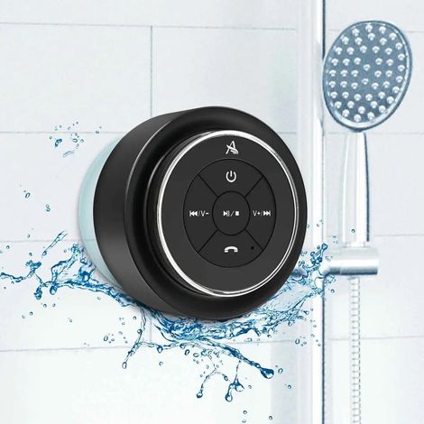 Haut-parleur Bluetooth certifié IPX7 étanche avec ventouse et micro pour salle de bain, son cristal et basses riches, 12 heures d'autonomie, cadeaux électroniques pour homme et femme, noir (1/5)