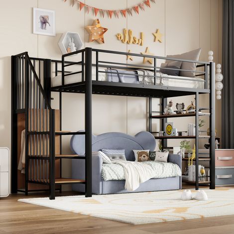 MEUBLIV Hochbett 90x200 cm Schwarz – Stauraum und Sicherheitstreppe ohne Matratze