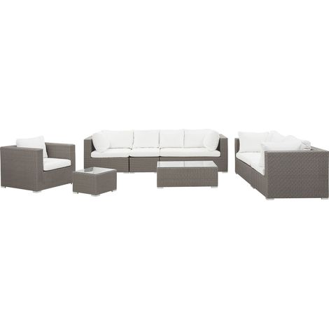 Set da Giardino in Simil Rattan Marrone Chiaro Cuscini Taupé 8 persone Maestro