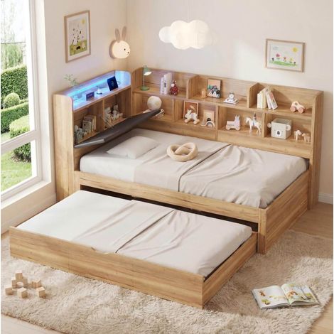 Letto per bambini a L in MDF naturale 90x200 cm con letto estraibile 90x190, LED, USB-C e vani portaoggetti (1/5)
