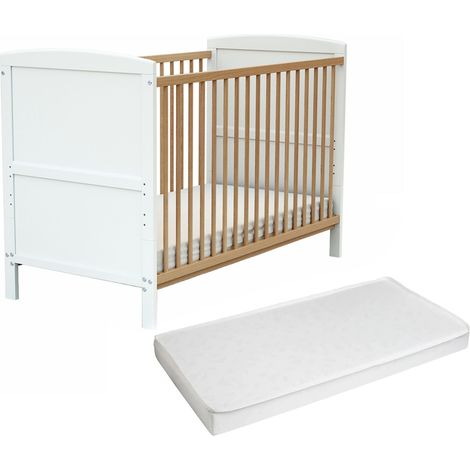 Lit évolutif bébé 60 x 120 cm en hêtre massif – Matelas inclus – Sommier réglable – Transformable en lit junior – AT4