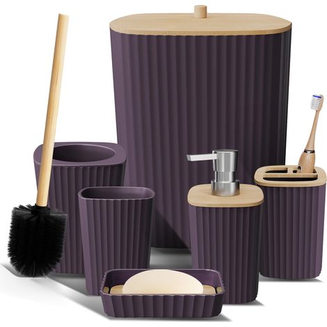 Ensemble d'accessoires de Salle de Bain 6 pièces avec Brosse WC, Poubelle et Distributeur de Savon Violet (1/5)