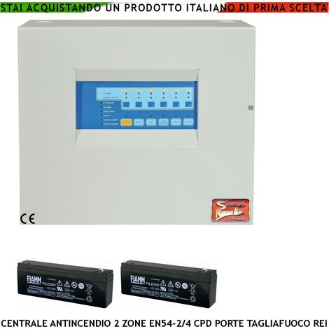 CENTRALE ANTINCENDIO 2 ZONE GESTISCE 65 SENSORI COMANDA BLOCCA PORTE R.E.I ALLARME TELEFONICO SIRENE SPEGNIMENTO 2 BATTERIE 12 V 2 AH (1/6)
