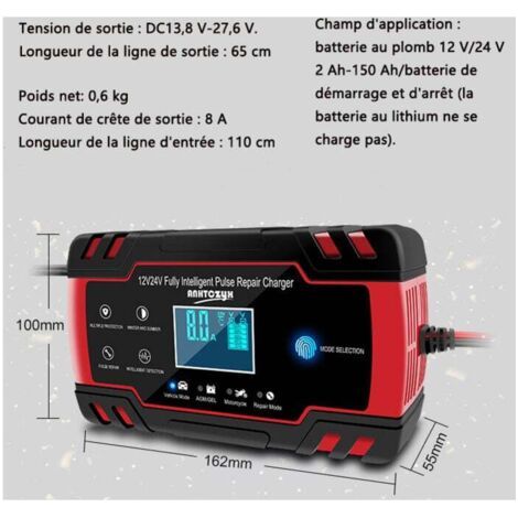 Chargeur de batterie de voiture 8A 12V/24V, portable avec écran LCD, convient aux voitures, motos et camions (noir, rouge) (ne convient pas à la charge des batteries au lithium) (1/3)