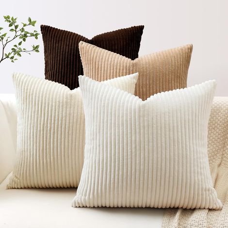 Lot de 4 Housse de Coussin en Velours Côtelé Décoratif Canapé Taie d'oreiller Doux Decoration pour Maison Salon Chambre Canapé Décoration 45x45cm (Marron Crème) (1/5)