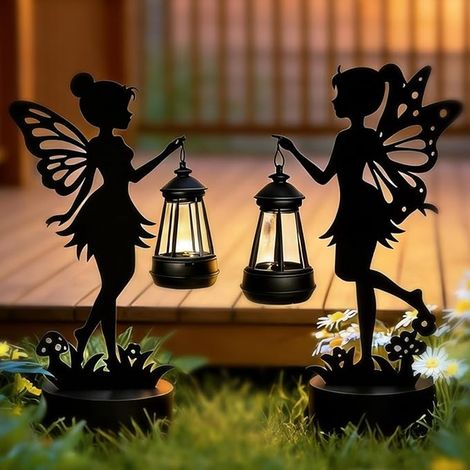 Set of 2 Fairy Figurines with Solar Lights, Outdoor Garden Decorations Waterproof for Patio, Yard, Iron Black Trim Warm White Lighting (1/5)