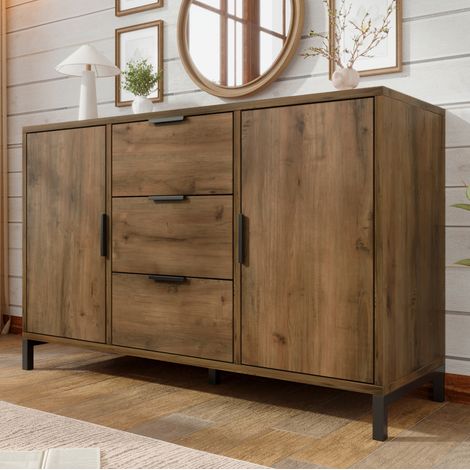 Aparador de madera oscura con 3 cajones y doble puerta OKMYHOME (1/5)