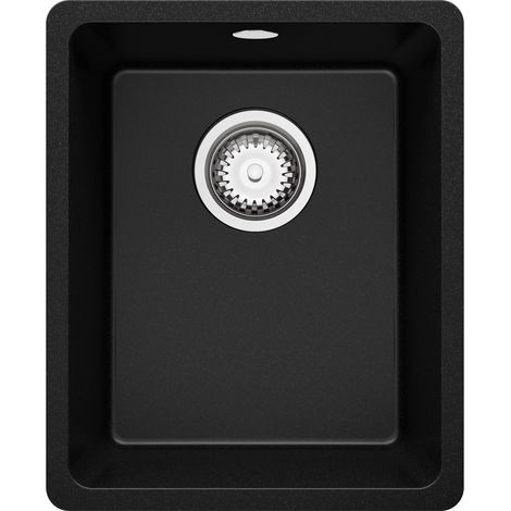 PRIMAGRAN Evier Cuisine en Granit 36x44cm, Lavabo 1 bac + Kit de Vidage, Évier à Encastrer au meuble 40cm - Venise Slim Easy, Noir (1/5)