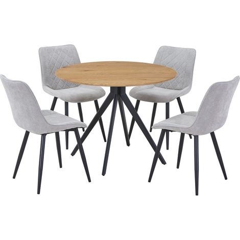 Aspen Light Oak Round Table & 4 Light Grey Cord Fabric Chair Set - MDF/Metal - L54 x W53.5 x H85.5 cm