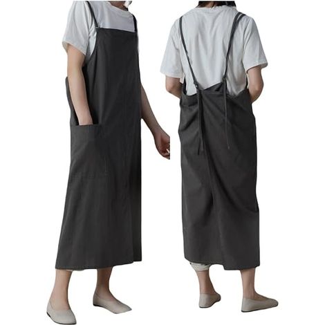 Japanische Schürze, verstellbar, aus weicher Baumwolle und Leinen, mit zwei Taschen, geeignet für Floristen, Baristas, Köche usw., in Schwarz. (1/5)