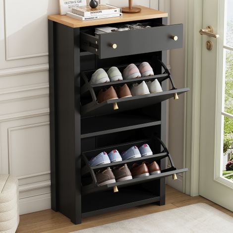 Scarpiera moderna con 1 cassetto e 2 ante, ripiani regolabili e maniglie in metallo, corpo nero effetto legno, per corridoio e ingresso, 50 × 24 × 95 cm (1/5)