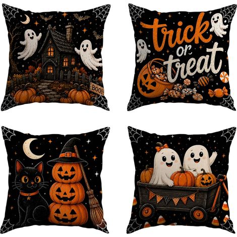 Fundas de cojín decorativas de Halloween de 45 x 45 cm (juego de 4). Decoraciones de Halloween bonitas y espeluznantes para exteriores, con diseño de gato negro y caramelos. (1/4)