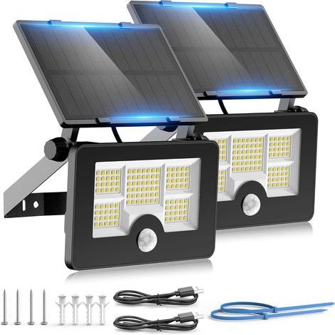 Set mit 2 Solar-Außenleuchten mit 122 LEDs, Bewegungsmelder, IP65 wasserdicht, 120° Abstrahlwinkel, Solar-Wandleuchten für den Garten mit USB-Kabel (1/5)