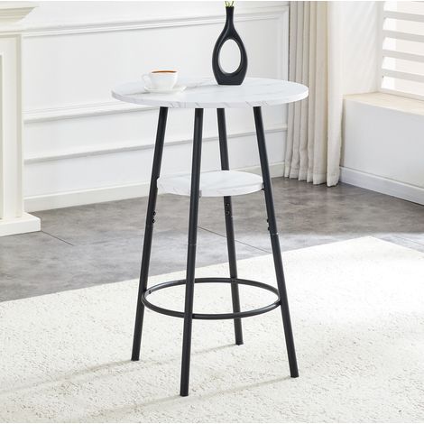 Mesa alta redonda de 60 cm de diámetro y 89 cm de alto con doble espacio de almacenamiento, efecto mármol blanco, MDF y metal negro. (1/5)
