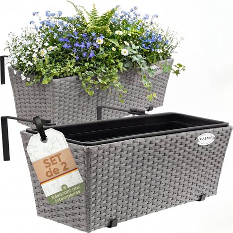 2x Bac à fleurs en polyrotin Jardinière pour balcon Terrasse Fenêtre Jardin Gris