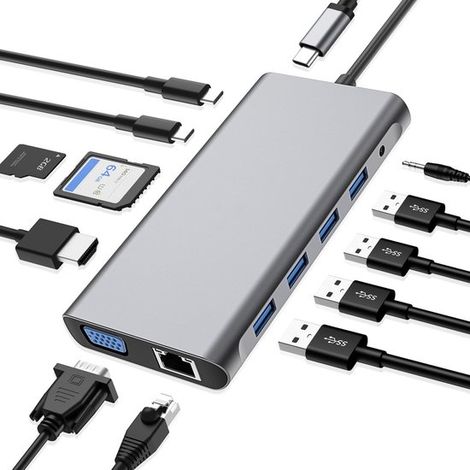 Estación de acoplamiento USB C 12 en 1: HDMI 4K, VGA, USB, Ethernet, SD/TF y AUX. (1/5)