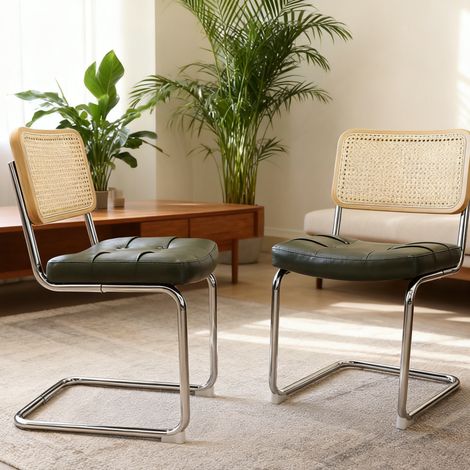 Silla de comedor cromada verde con ratán y asiento acolchado, apilable, estilo moderno (1/5)