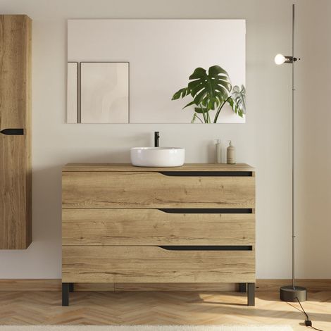 Meuble de salle de bain 120 avec plateau et vasque à poser - 3 tiroirs - madera miel (bois clair) - MATA (1/5)