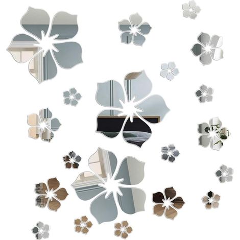 Autocollants muraux, Lot de 18 autocollants muraux miroir en acrylique avec fleurs décoration murale pour chambre salle de bain salon (argent) (1/5)