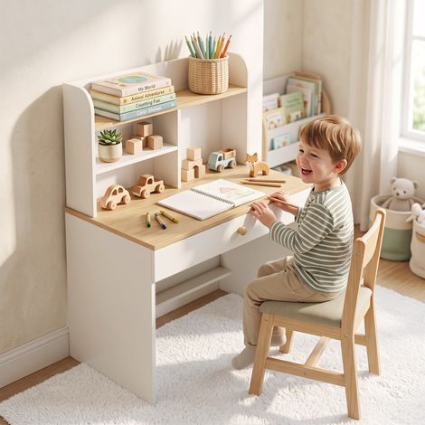 Bureau enfant bois plateau large tiroir étagères 80x50x100 cm blanc, bureau