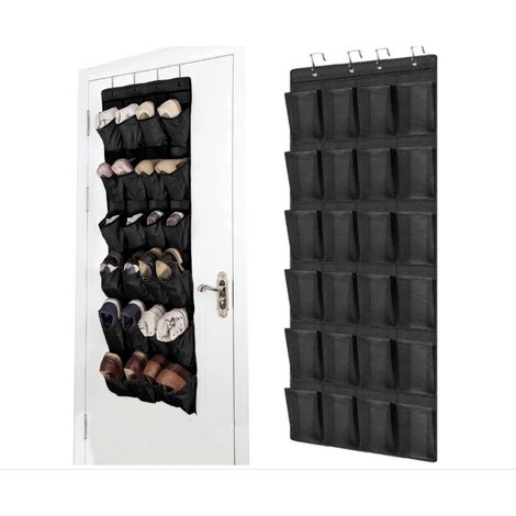 Étagère à chaussures suspendue, sac de rangement suspendu à 24 poches, à fixer au-dessus d'une porte ou au mur, grands sacs en filet noir pour chambre, salon ou salle de bain (1/4)