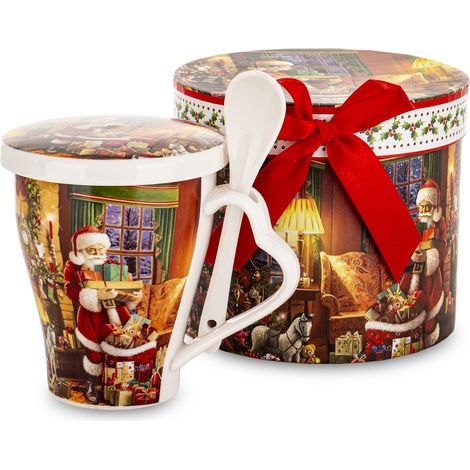 Set regalo natalizio in porcellana con tazza, cucchiaino e coperchio.