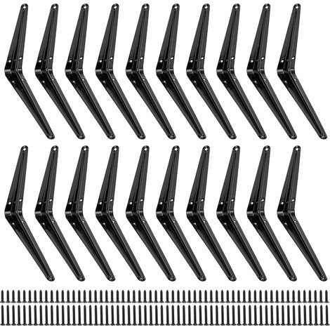 Lot de 20 supports d'étagère pour étagère murale - 150 x 200 mm - Équerre de charge lourde - Noir - Métal - Angle de 90° avec vis (1/5)