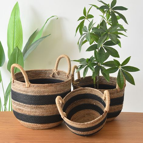 Panier cache-pot tressé corde banane, poignées lin contrastées noires, 3 tailles, panier à plantes vertes et fleurs avec anses transportables (1/5)