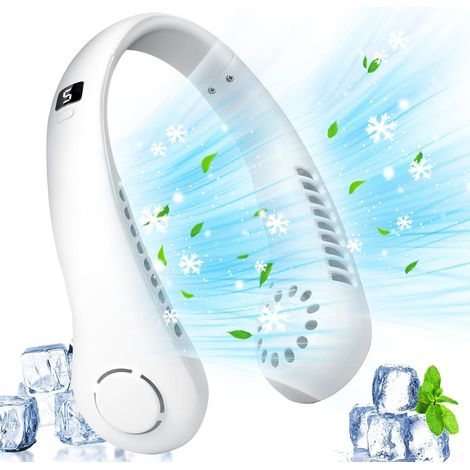 Ventilateur de Cou Portable, 5 Vitesses,flux d’air à 360°,USB Ventilateur de cou sans lame,casque ventilateur de cou pour les voyages, white (1/5)